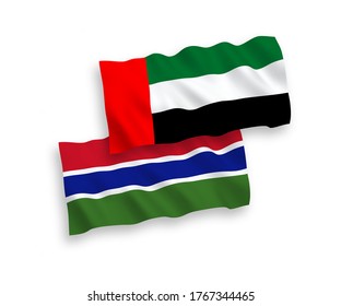 National vector fabric wave flags of Republic of Gambia and United Arab Emirates isolated on white background. 1 to 2 proportion.