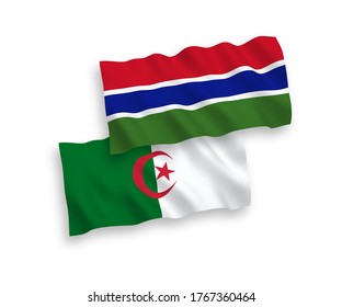 National vector fabric wave flags of Republic of Gambia and Algeria isolated on white background. 1 to 2 proportion.