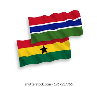 National vector fabric wave flags of Republic of Gambia and Ghana isolated on white background. 1 to 2 proportion.