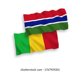 National vector fabric wave flags of Republic of Gambia and Mali isolated on white background. 1 to 2 proportion.