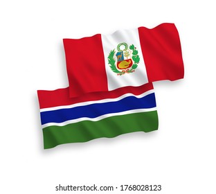 National vector fabric wave flags of Republic of Gambia and Peru isolated on white background. 1 to 2 proportion.