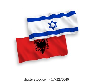 National vector fabric wave flags of Albania and Israel isolated on white background. 1 to 2 proportion.