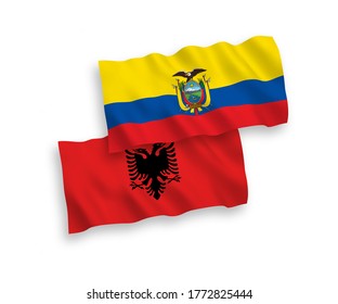 National vector fabric wave flags of Albania and Ecuador isolated on white background. 1 to 2 proportion.