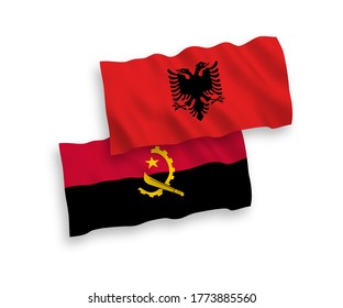 National vector fabric wave flags of Albania and Angola isolated on white background. 1 to 2 proportion.