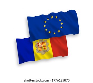 National vector fabric wave flags of European Union and Andorra isolated on white background. 1 to 2 proportion.
