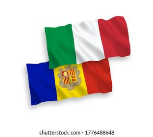 National vector fabric wave flags of Italy and Andorra isolated on white background. 1 to 2 proportion.