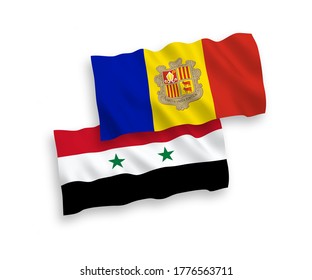National vector fabric wave flags of Andorra and Syria isolated on white background. 1 to 2 proportion.