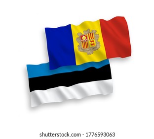 Banderas de ondulación de tejido vectorial nacional de Estonia y Andorra aisladas en fondo blanco. de 1 a 2.