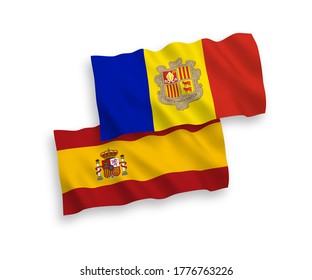 National vector fabric wave flags of Andorra and Spain isolated on white background. 1 to 2 proportion.