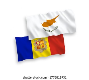 National vector fabric wave flags of Cyprus and Andorra isolated on white background. 1 to 2 proportion.