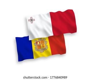 National vector fabric wave flags of Malta and Andorra isolated on white background. 1 to 2 proportion.