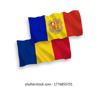 Banderas de olas de tejido vectorial nacional de Rumania y Andorra aisladas en fondo blanco. de 1 a 2.