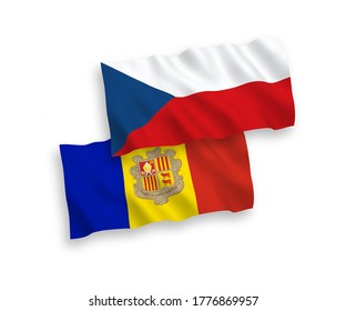 National vector fabric wave flags of Czech Republic and Andorra isolated on white background. 1 to 2 proportion.