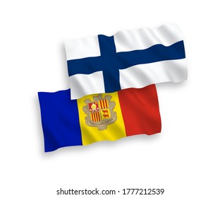 National vector fabric wave flags of Finland and Andorra isolated on white background. 1 to 2 proportion.