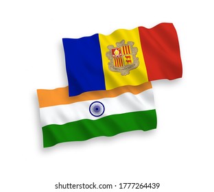 National vector fabric wave flags of India and Andorra isolated on white background. 1 to 2 proportion.