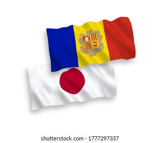National vector fabric wave flags of Japan and Andorra isolated on white background. 1 to 2 proportion.