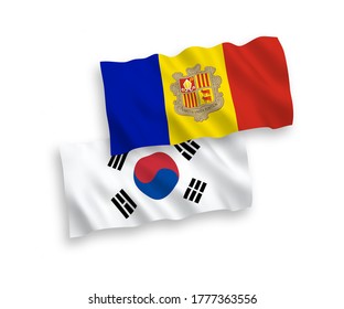 National vector fabric wave flags of South Korea and Andorra isolated on white background. 1 to 2 proportion.