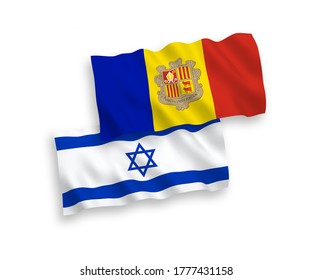National vector fabric wave flags of Andorra and Israel isolated on white background. 1 to 2 proportion.