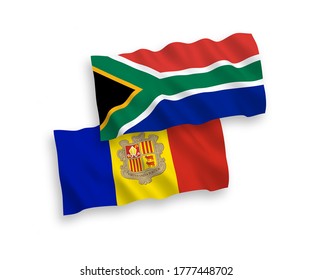 National vector fabric wave flags of Andorra and Republic of South Africa isolated on white background. 1 to 2 proportion.