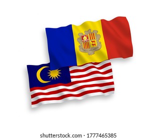 National vector fabric wave flags of Andorra and Malaysia isolated on white background. 1 to 2 proportion.