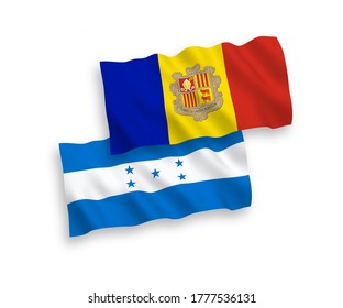 National vector fabric wave flags of Andorra and Honduras isolated on white background. 1 to 2 proportion.