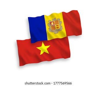Banderas de ondulación de tejido vectorial nacional de Andorra y Vietnam aisladas en fondo blanco. de 1 a 2.