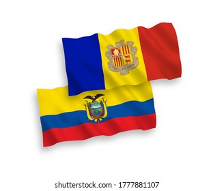 National vector fabric wave flags of Andorra and Ecuador isolated on white background. 1 to 2 proportion.