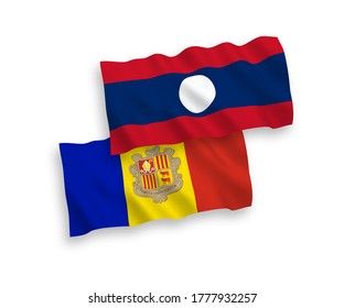 Nationale Vektor-Wellen-Flaggen von Andorra und Laos einzeln auf weißem Hintergrund. 1 bis 2 %.