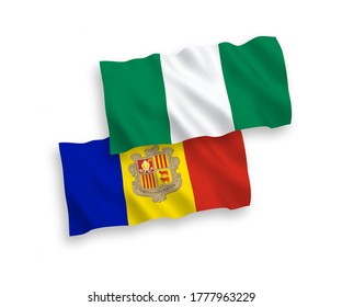 National vector fabric wave flags of Andorra and Nigeria isolated on white background. 1 to 2 proportion.