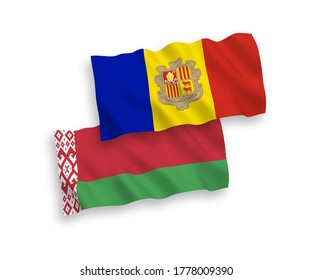 Nationale Vektor-Wellen-Flaggen von Andorra und Belarus einzeln auf weißem Hintergrund. 1 bis 2 %.
