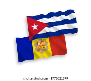 Banderas de ondas de tela vectorial nacionales de Andorra y Cuba aisladas en fondo blanco. de 1 a 2.