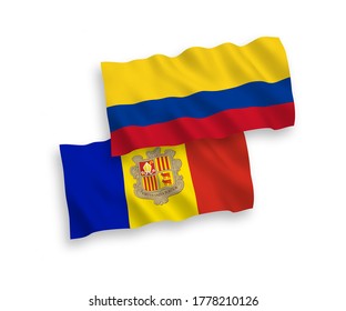 National vector fabric wave flags of Andorra and Colombia isolated on white background. 1 to 2 proportion.