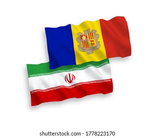 Banderas de ondas de tela vectorial nacionales de Andorra e Irán aisladas en fondo blanco. de 1 a 2.