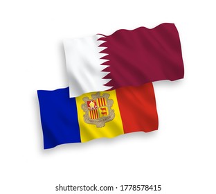 National vector fabric wave flags of Andorra and Qatar isolated on white background. 1 to 2 proportion.