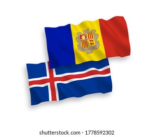 Banderas de ondulación de tela vectorial nacional de Andorra e Islandia aisladas en fondo blanco. de 1 a 2.