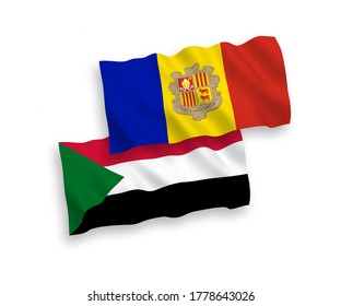 National vector fabric wave flags of Andorra and Sudan isolated on white background. 1 to 2 proportion.