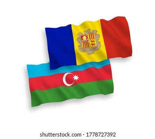 National vector fabric wave flags of Andorra and Azerbaijan isolated on white background. 1 to 2 proportion.
