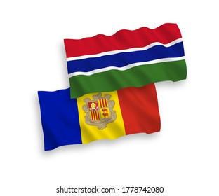National vector fabric wave flags of Andorra and Republic of Gambia isolated on white background. 1 to 2 proportion.