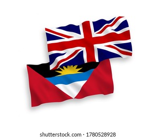 Banderas de olas de tela vectorial nacional de Gran Bretaña y Antigua y Barbuda aisladas de fondo blanco. de 1 a 2.