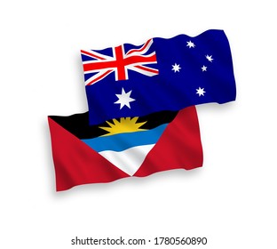 National vector fabric wave flags of Australia and Antigua and Barbuda isolated on white background. 1 to 2 proportion.