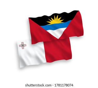 Nationale Vektor-Wellen-Flaggen von Malta und Antigua und Barbuda einzeln auf weißem Hintergrund. 1 bis 2 %.