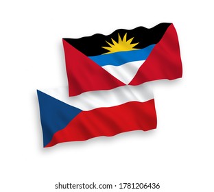National vector fabric wave flags of Czech Republic and Antigua and Barbuda isolated on white background. 1 to 2 proportion.