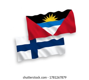 National vector fabric wave flags of Finland and Antigua and Barbuda isolated on white background. 1 to 2 proportion.