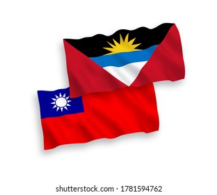 Nationale Vektor-Wellen-Flaggen von Antigua und Barbuda und Taiwan einzeln auf weißem Hintergrund. 1 bis 2 %.