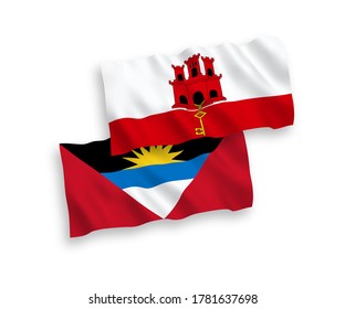 Nationale Vektor-Wellen-Flaggen von Antigua und Barbuda und Gibraltar einzeln auf weißem Hintergrund. 1 bis 2 %.