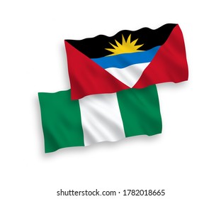 Nationale Vektor-Wellen-Flaggen von Antigua und Barbuda und Nigeria einzeln auf weißem Hintergrund. 1 bis 2 %.