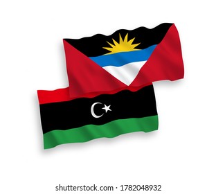 Nationale Vektor-Wellen-Flaggen von Antigua und Barbuda und Libyen einzeln auf weißem Hintergrund. 1 bis 2 %.