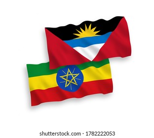 Nationale Vektor-Wellen-Flaggen von Antigua, Barbuda und Äthiopien einzeln auf weißem Hintergrund. 1 bis 2 %.