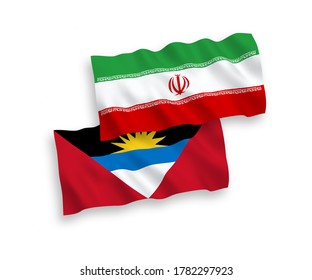 National vector fabric wave flags of Antigua and Barbuda and Iran isolated on white background. 1 to 2 proportion.