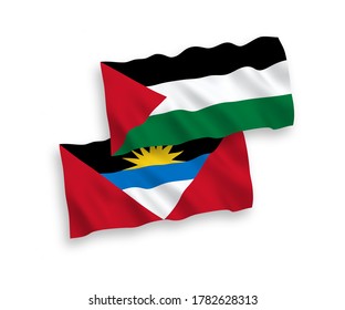 National vector fabric wave flags of Antigua and Barbuda and Palestine isolated on white background. 1 to 2 proportion.